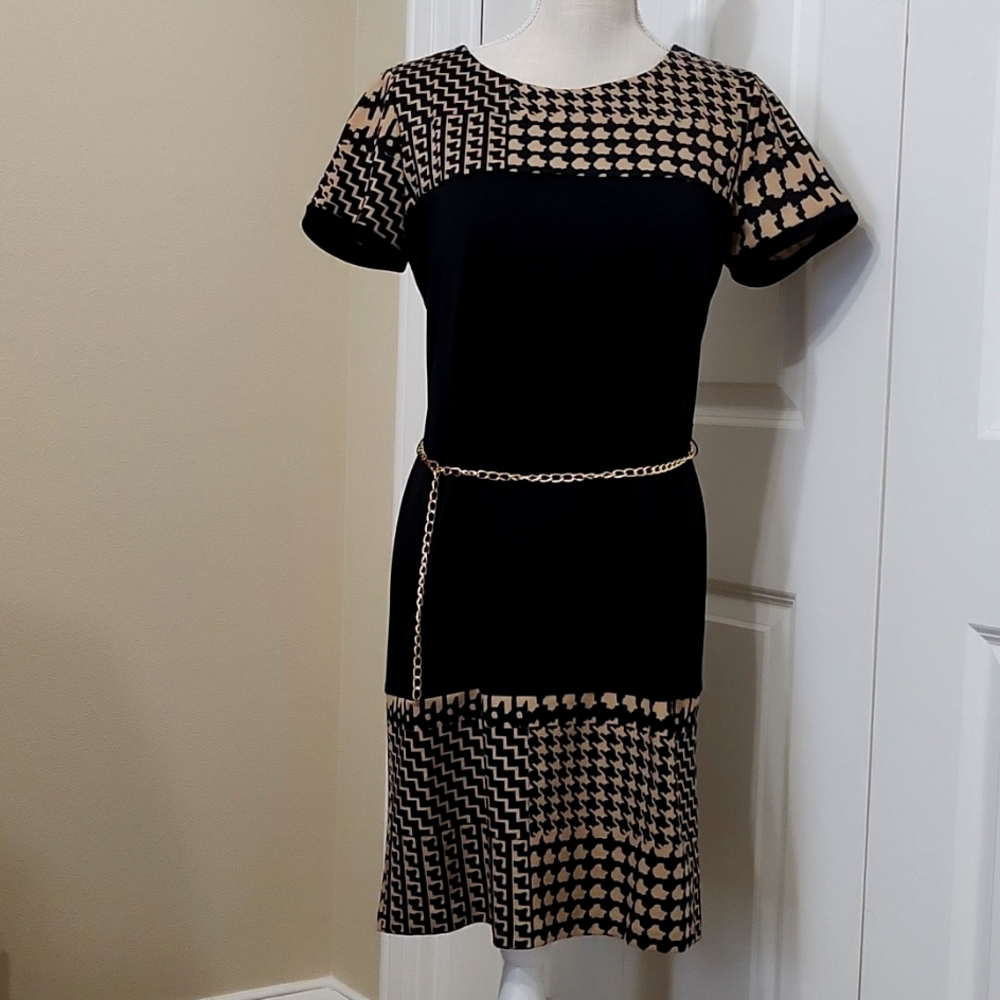 ROZ & ALI BLACK &TAN HOUNDSTOOTH DRESS SZ 8 EXCELLENT CONDITION